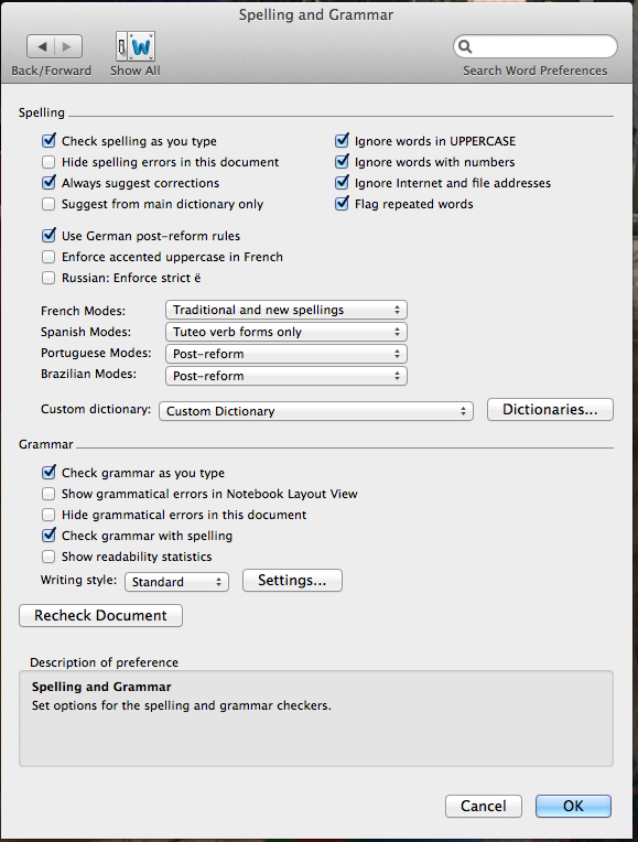 Settings For Spelling And Grammar Check In Word For Mac